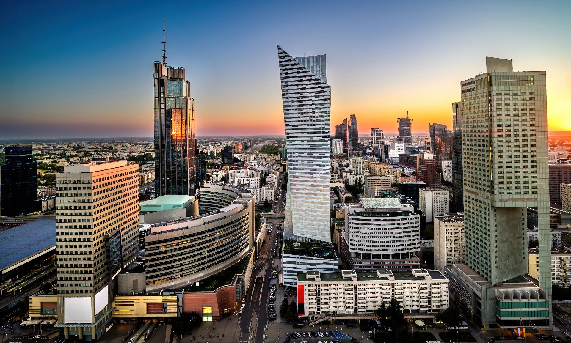Warsaw skyline at sunset